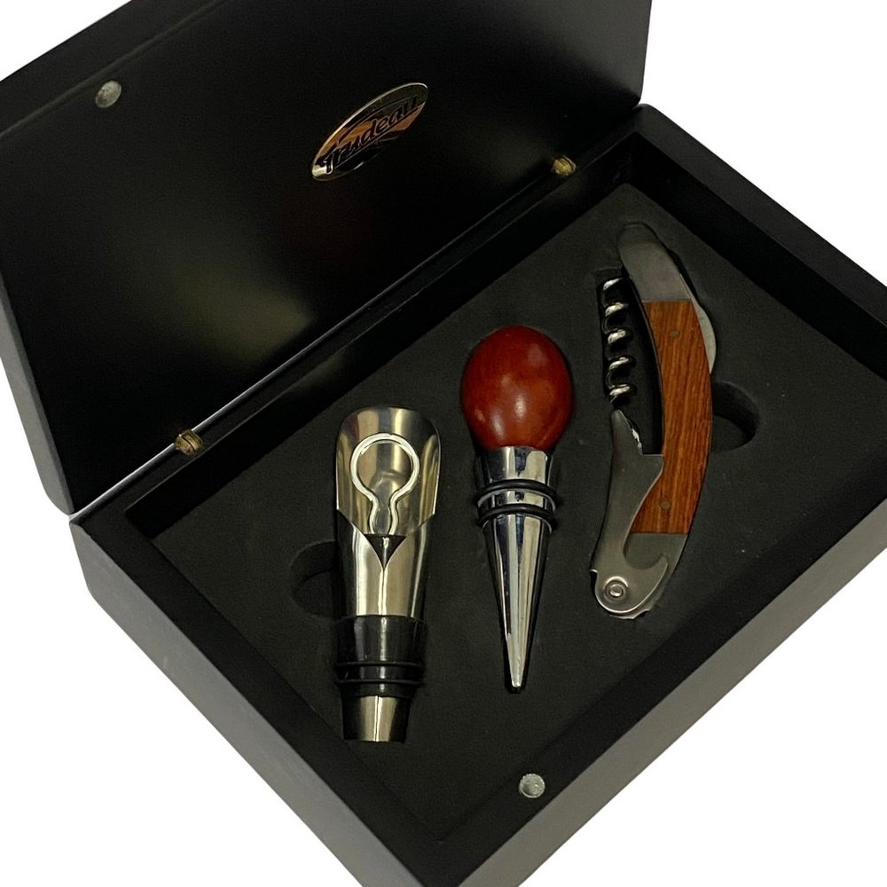 Trudeau Wine Opener Set - Corkscrew, Wine Pourer, Wine Bottle Stopper, Wood Box